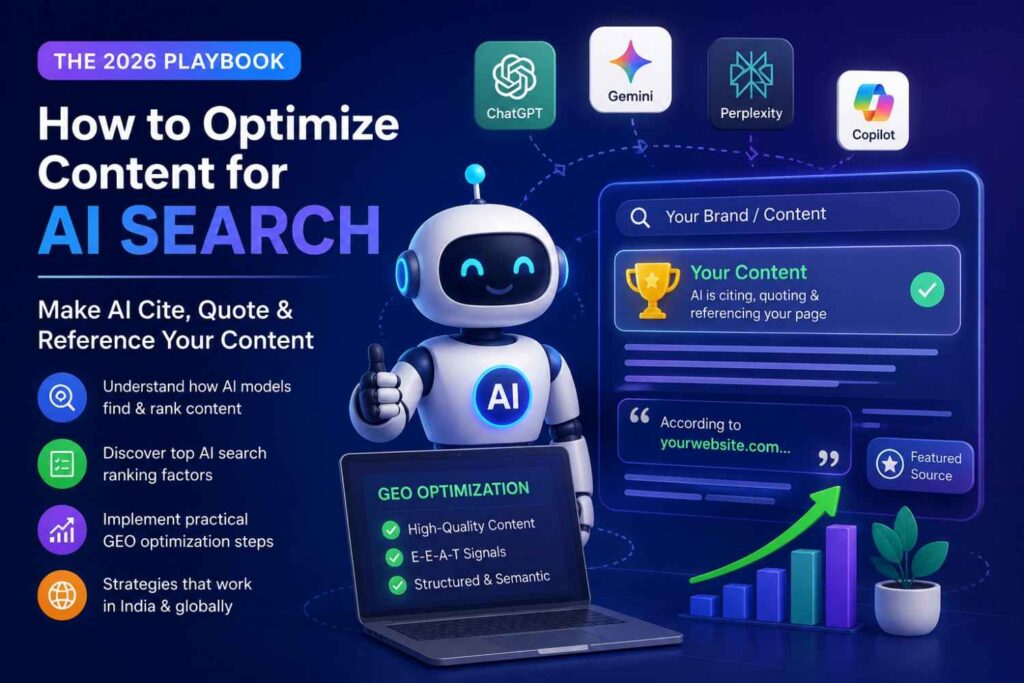 Futuristic AI search optimization illustration featuring a friendly 3D AI robot beside a glowing search dashboard with ChatGPT, Gemini, Perplexity, and Copilot icons. The design highlights GEO optimization, AI search ranking factors, structured content, and how websites can get cited by AI tools in the 2026 AI search era.