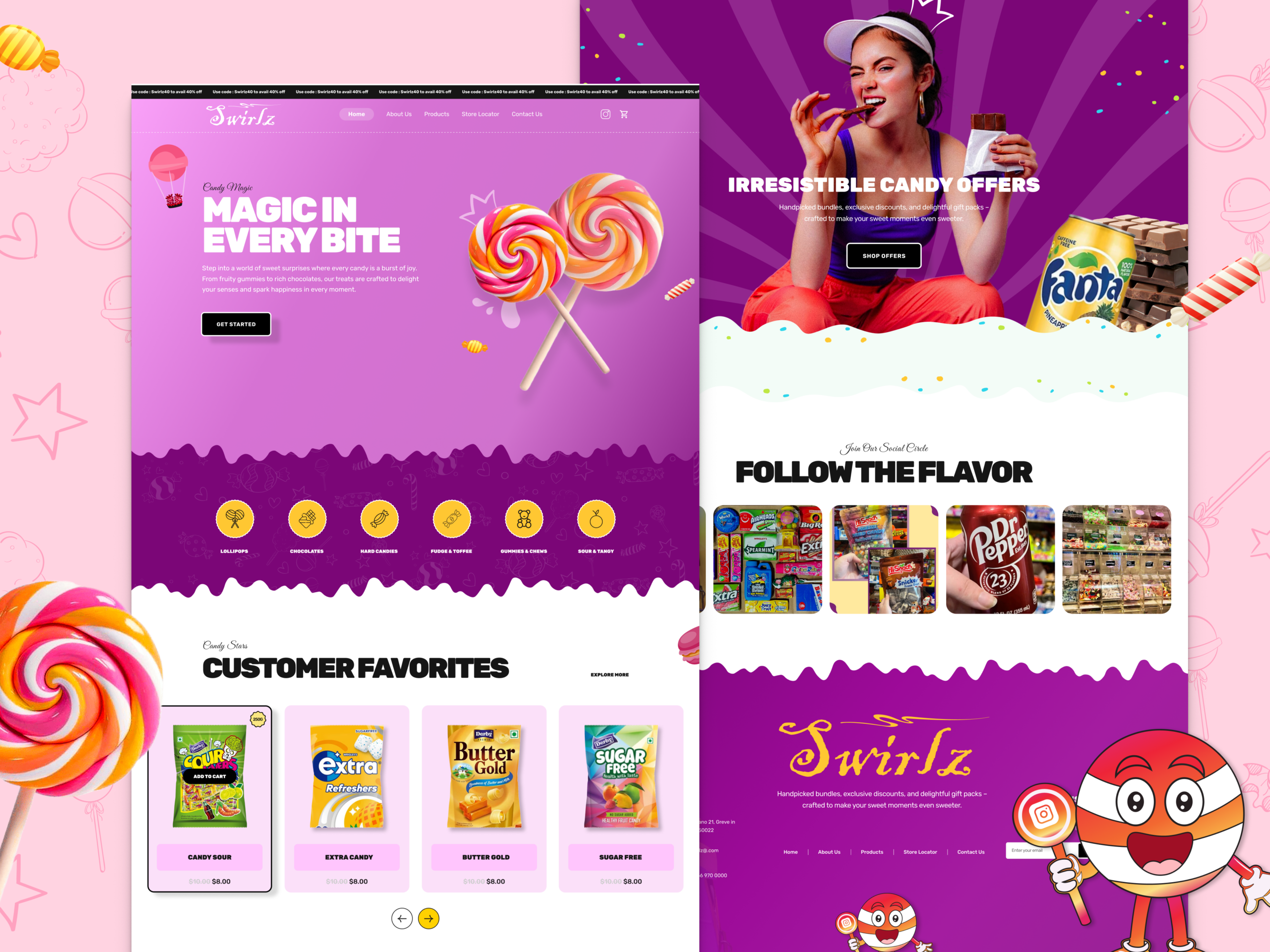 Colorful landing page design for a candy and confectionery brand featuring product showcases and promotional banners.