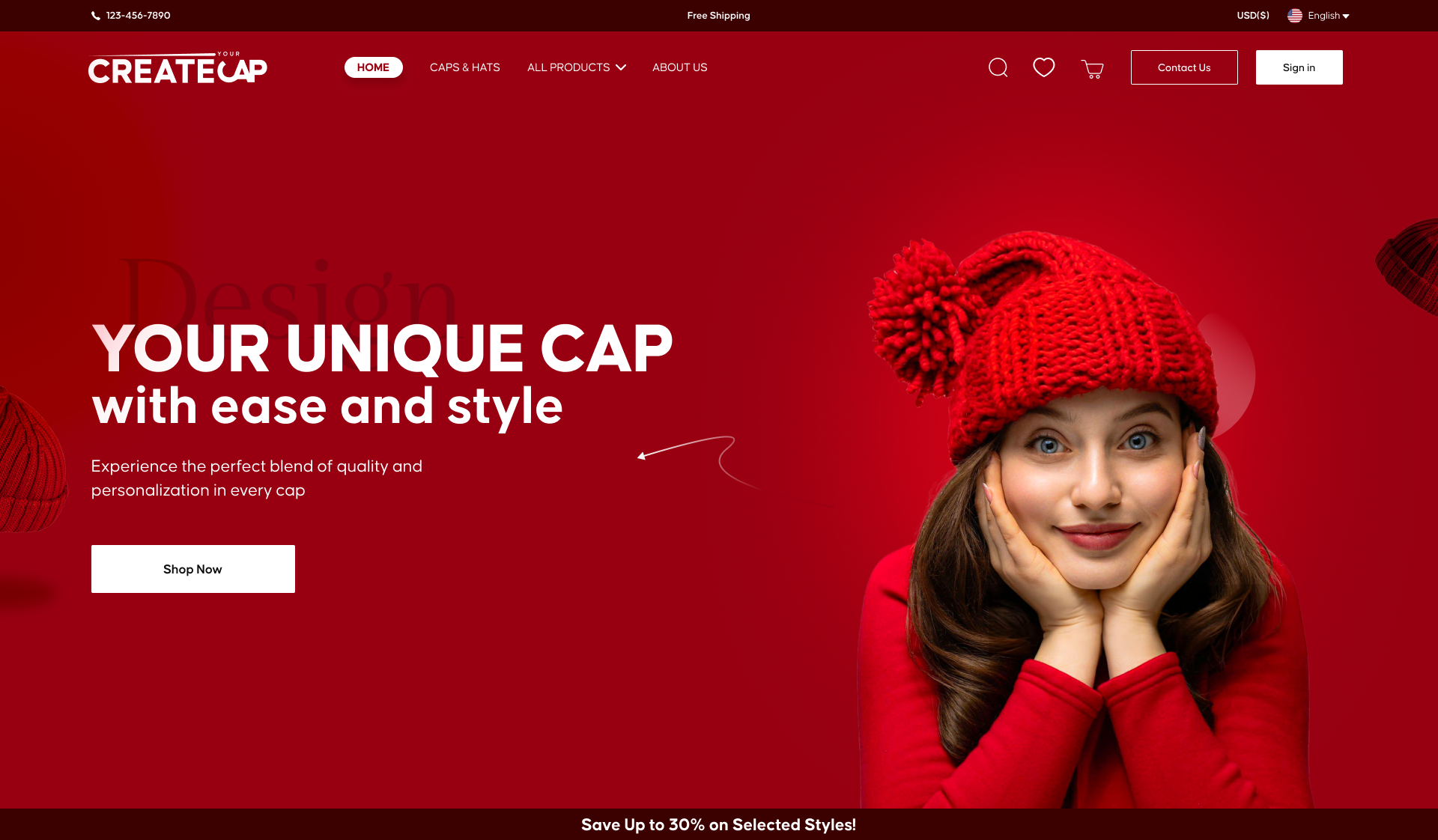 Custom Shopify eCommerce website design for a cap and fashion accessories store featuring a bold red homepage banner and product-focused layout.