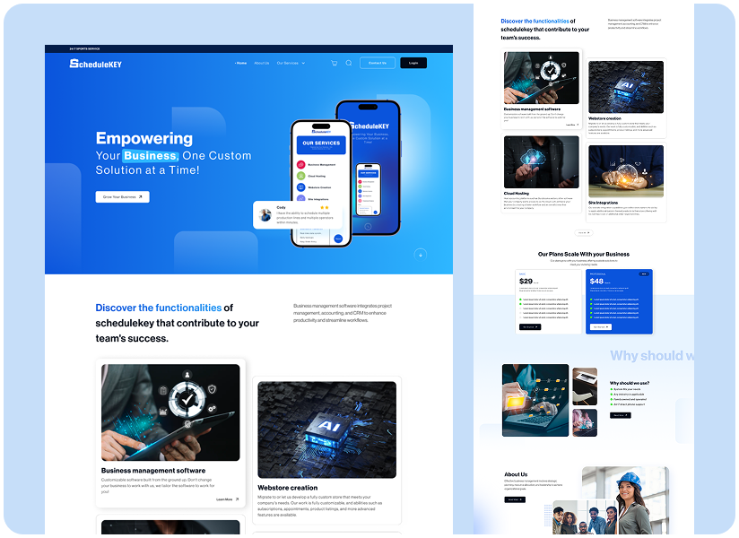 Professional portfolio website design for a SaaS and technology company featuring modern blue-themed UI and service showcases.