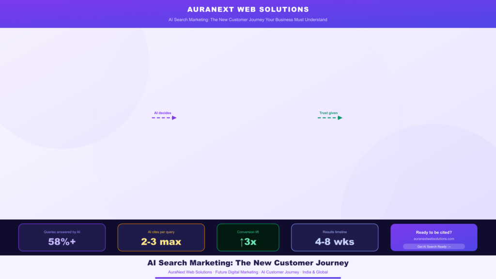 AI search marketing funnel showing the new customer journey from search to chat to AI recommendation — future digital marketing strategy for India and global businesses
