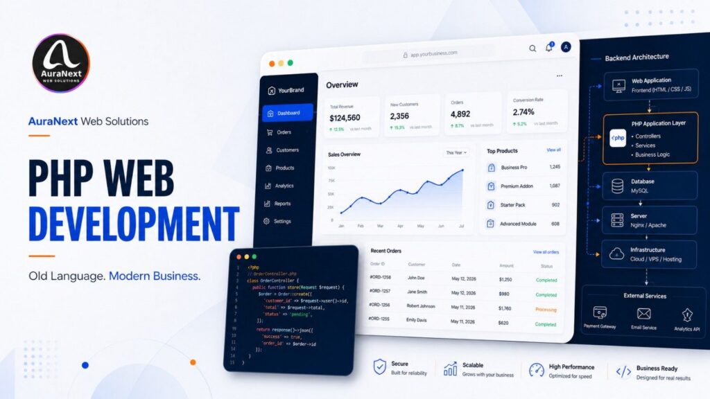 Premium PHP web development editorial banner for AuraNext Web Solutions featuring a modern business dashboard, backend architecture, PHP code editor, and the headline 'PHP Web Development – Old Language. Modern Business.' in a clean blue, white, and orange technology branding style.