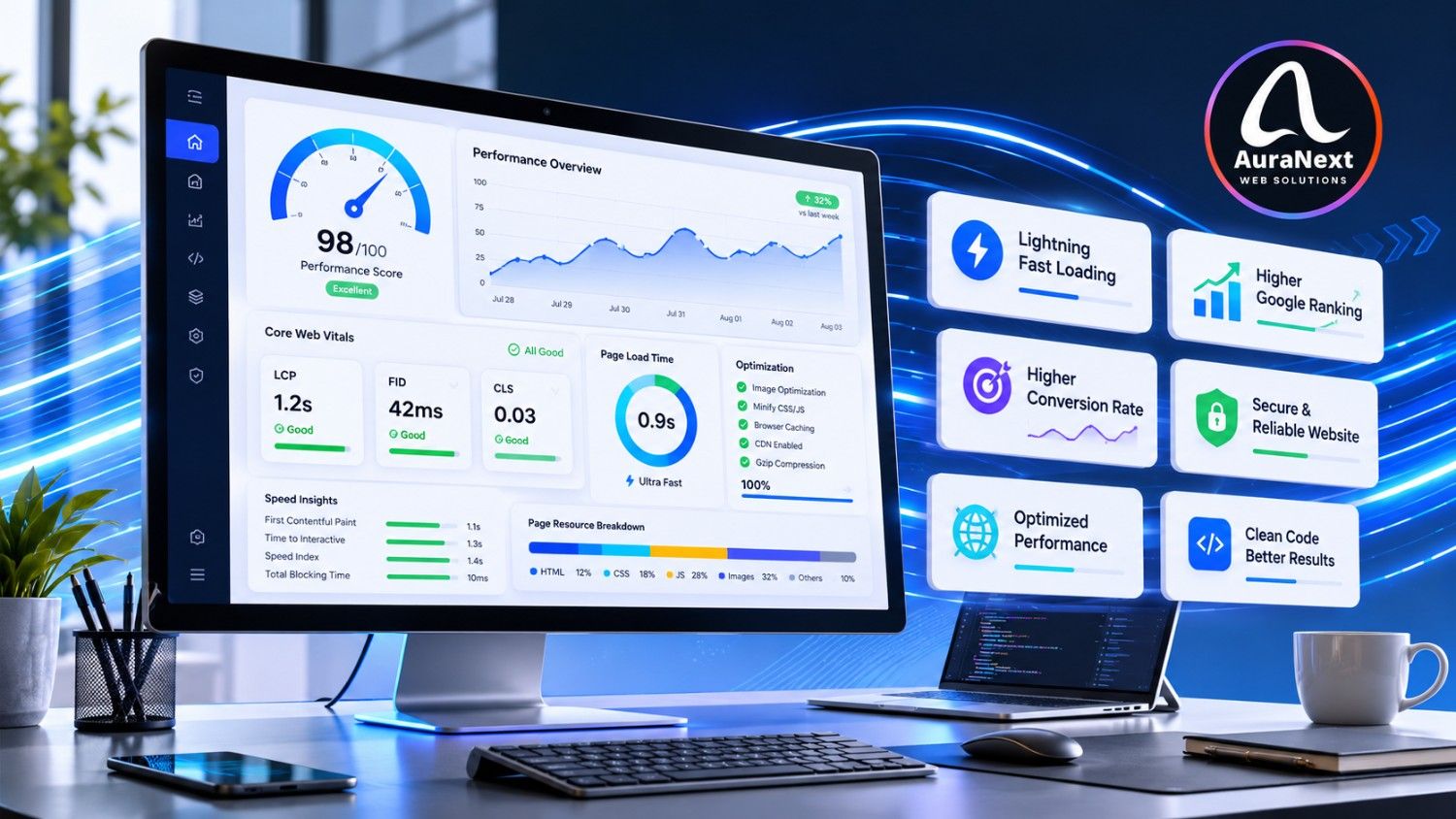 Premium website speed optimization illustration featuring a modern desktop monitor displaying a high-performance website dashboard with a 98/100 performance score, Core Web Vitals, page speed analytics, optimization metrics, and resource breakdown charts. Floating UI cards highlight lightning-fast loading, higher Google rankings, increased conversions, secure website performance, optimized code, and performance improvements, with blue motion streaks, a clean workspace, and the AuraNext Web Solutions logo in the top-right corner.
